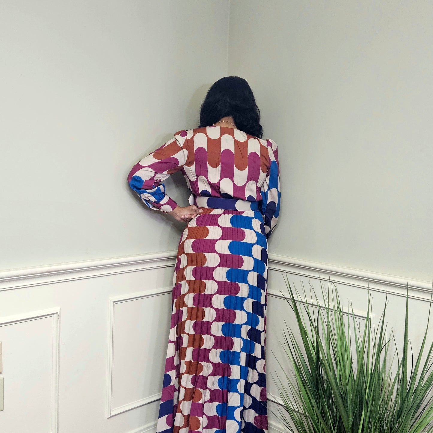 V - Neck Printed Pleated Maxi Dress
