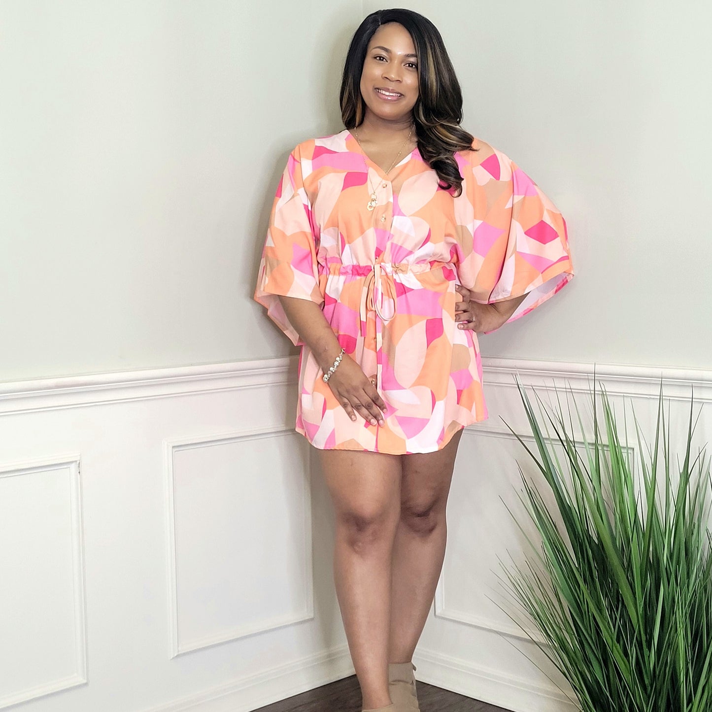 Pink and Orange Geometric midi batwing sleeve dress front view