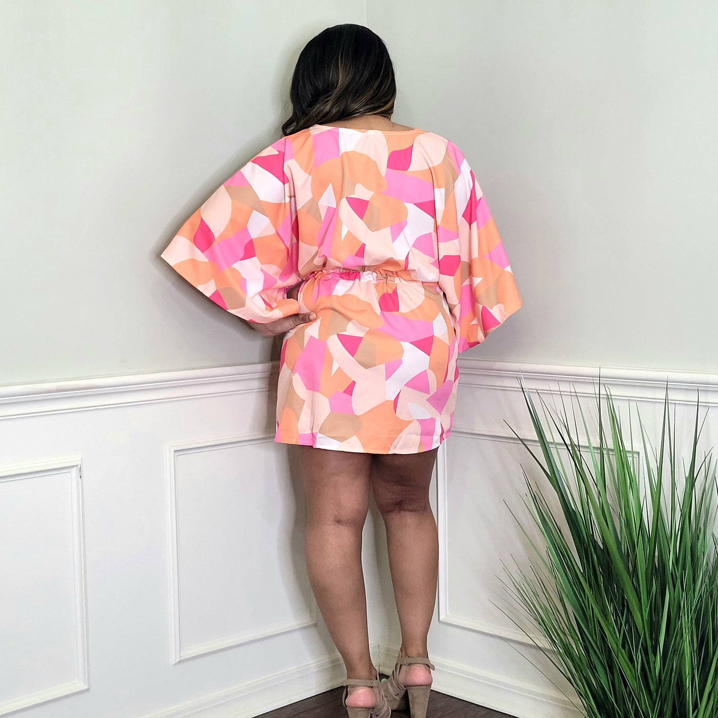 Pink and Orange Geometric midi batwing sleeve dress back view