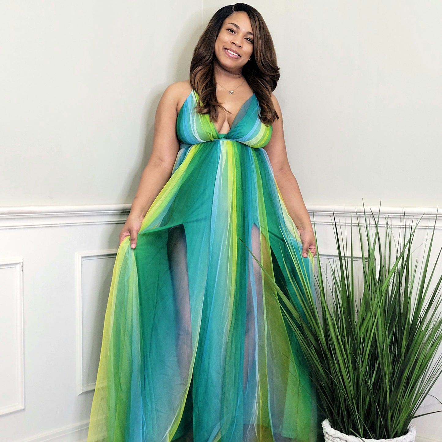 Green and blue tulle maxi dress