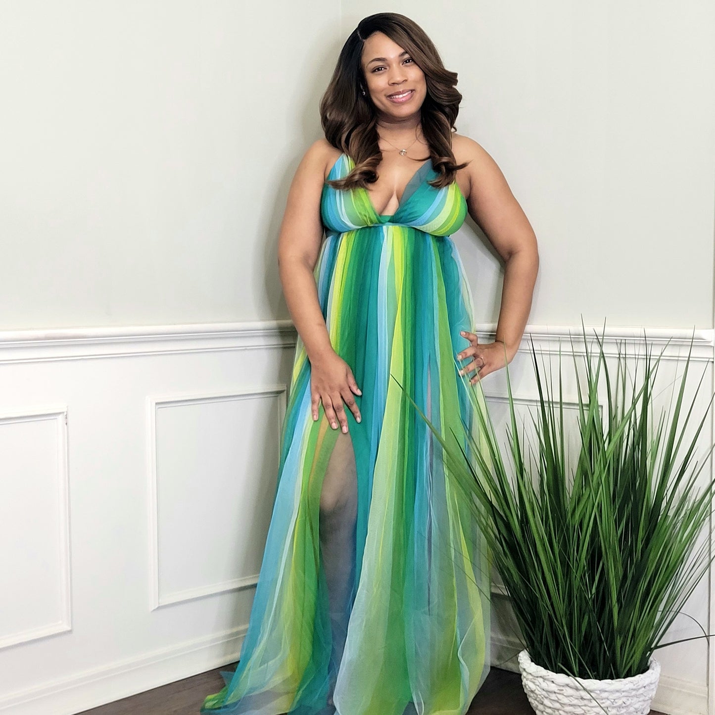 Green amd blue tulle maxi dress