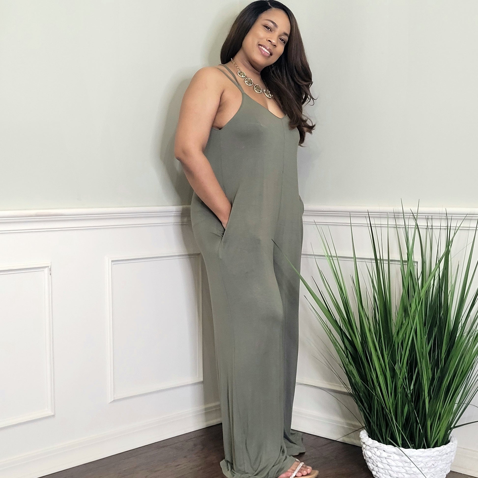 Olive green jumpsuit side view