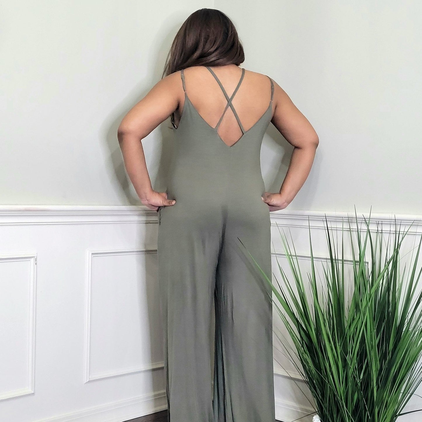 Olive green jumpsuit back view